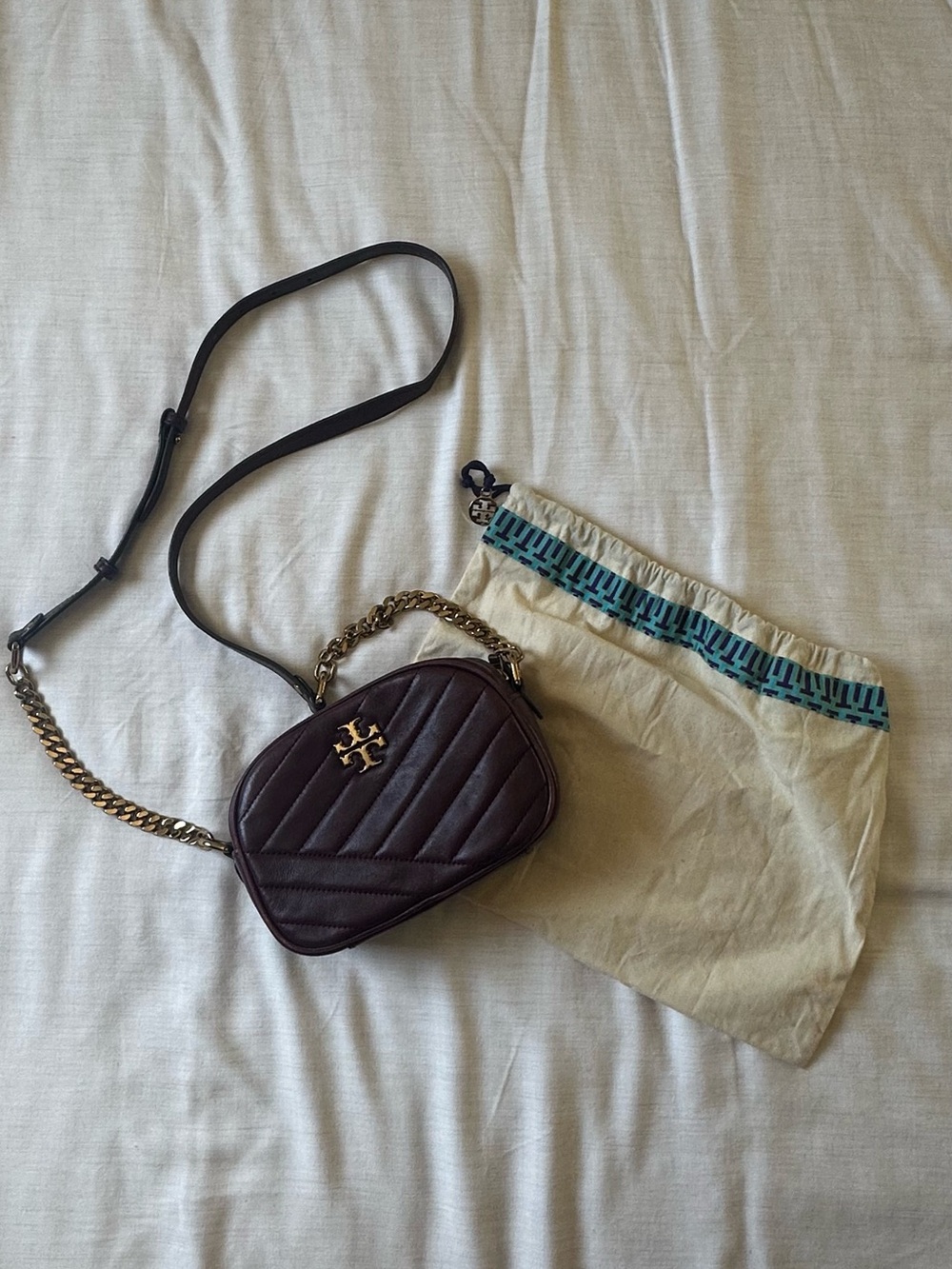 Tory Burch Quilted Leather Crossbody in Dark Plum with Gold Hardware